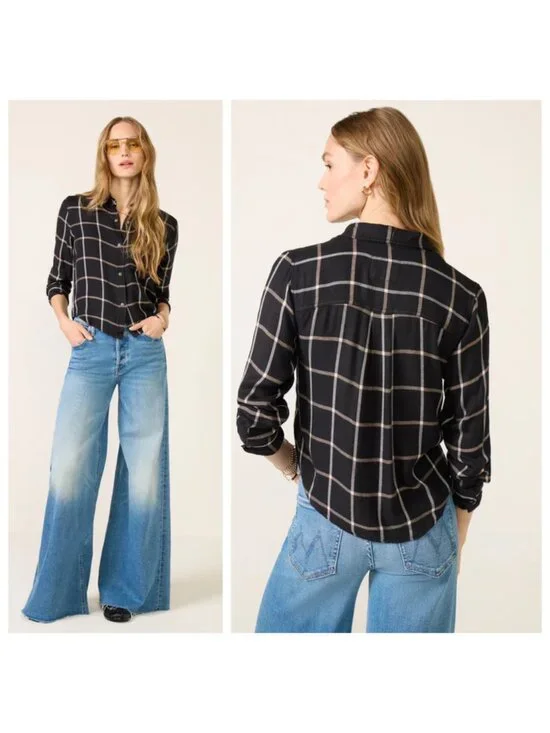 Rails Malin Button Up Shirt Snap Onyx Sand Birch Plaid Black Beige Size XS - Picture 2 of 15